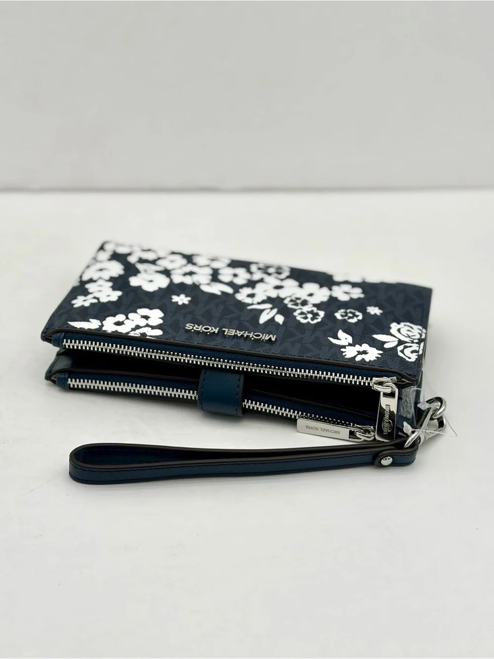 Michael Kors Navy Blue Floral Logo Wristlet Clutch